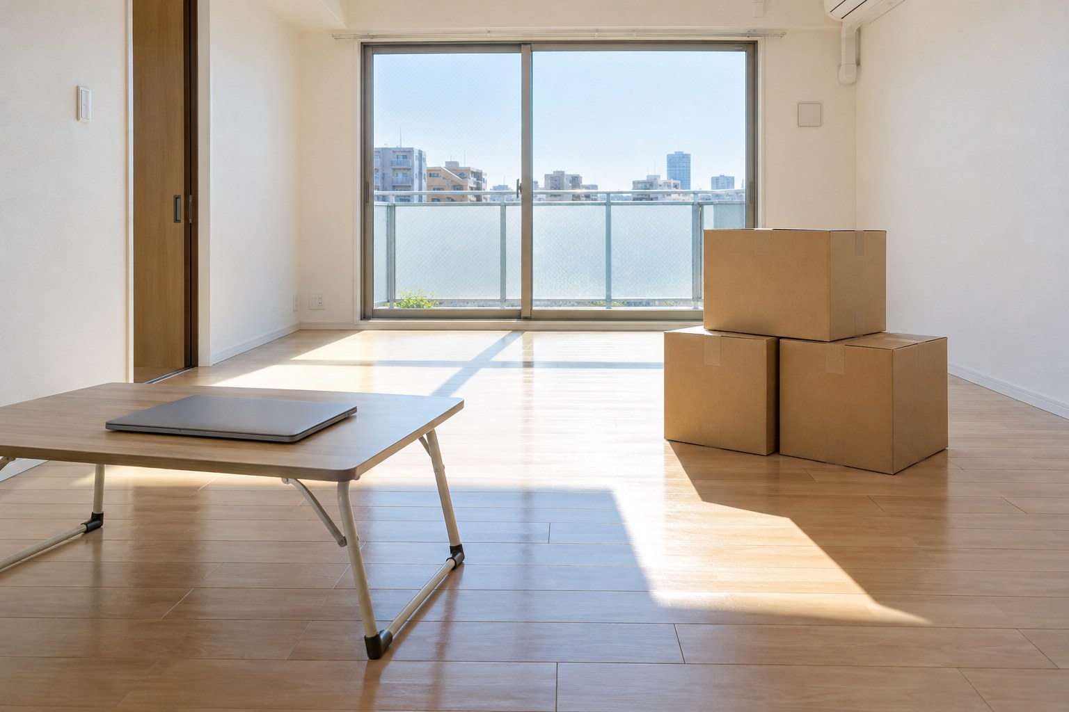 引っ越した部屋の床に積んだ無地の段ボール箱と、折りたたみ机の上のノートパソコン