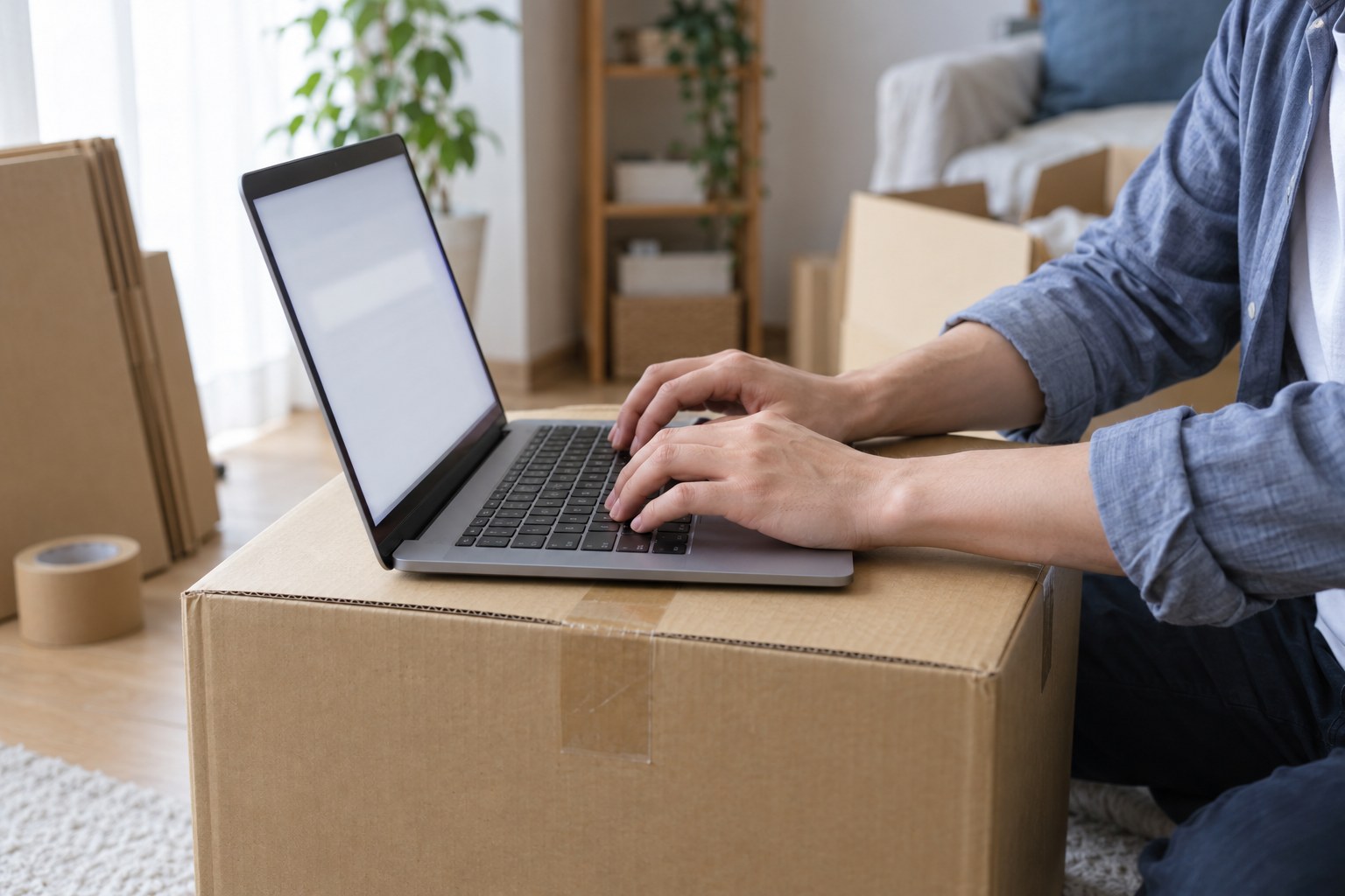 荷造り途中の部屋で、段ボール箱の上のノートパソコンで文章を打つ手
