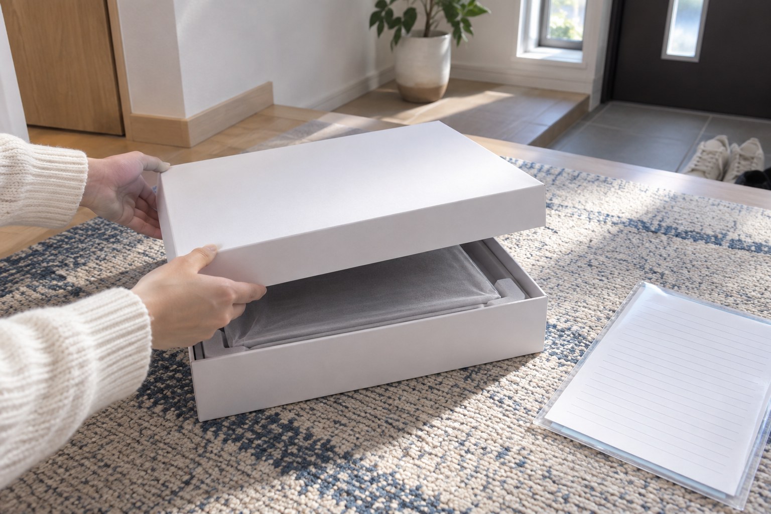 床の上で、会社から届いた無地の箱のふたを開けてノートパソコンを取り出す手
