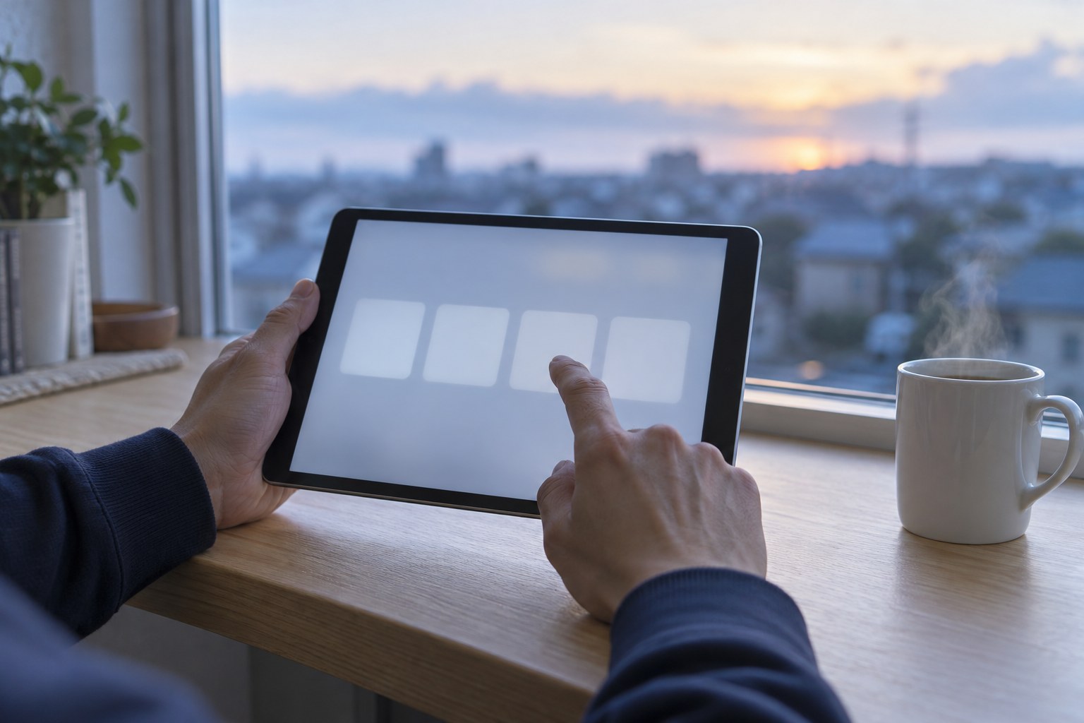 早朝の窓辺で、タブレットの選択肢の枠に人差し指で触れようとする手
