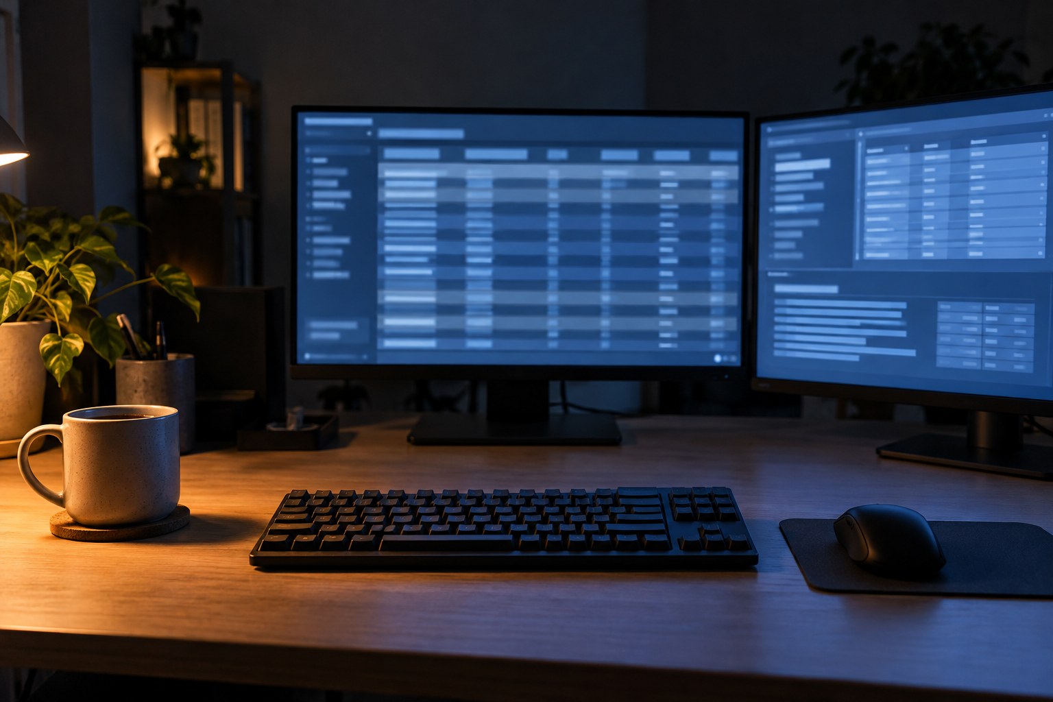 夜の仕事部屋で、表のような画面を映した2台のモニターとキーボード