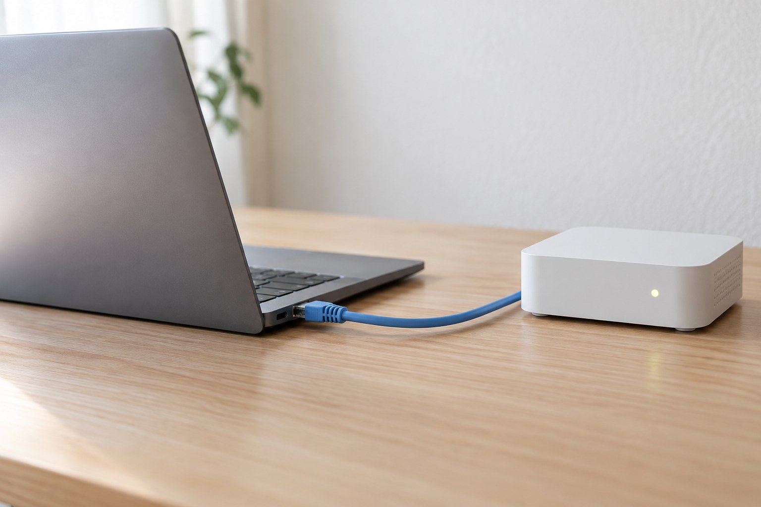 ノートパソコンの側面からLANケーブルでつないだ白い通信機器