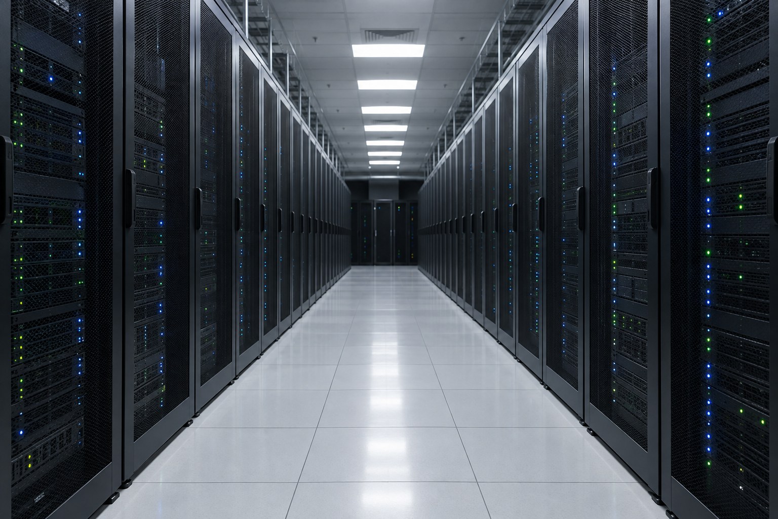 サーバー室の通路の左右に並ぶ黒いサーバーラックと、機器の小さなランプ