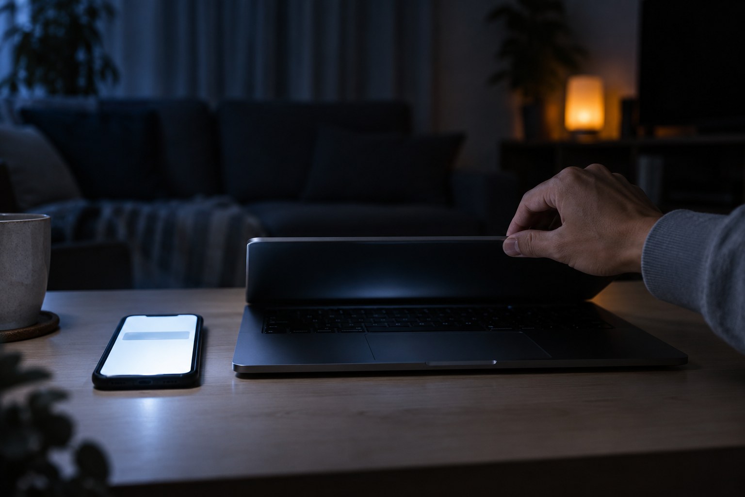 深夜の机で、通知の光るスマートフォンの横でノートパソコンを開けかける手