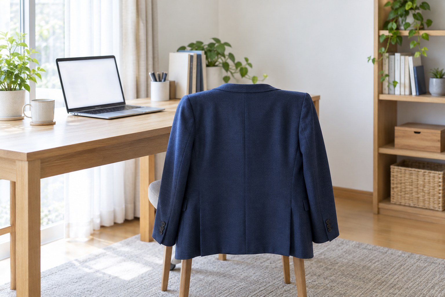 自宅の椅子の背に掛けた紺のジャケットと、机の上のノートパソコン