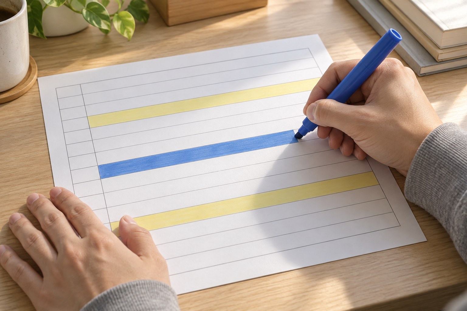 数字の無い1日の予定表に、青いマーカーで真ん中の時間帯の帯を引く手