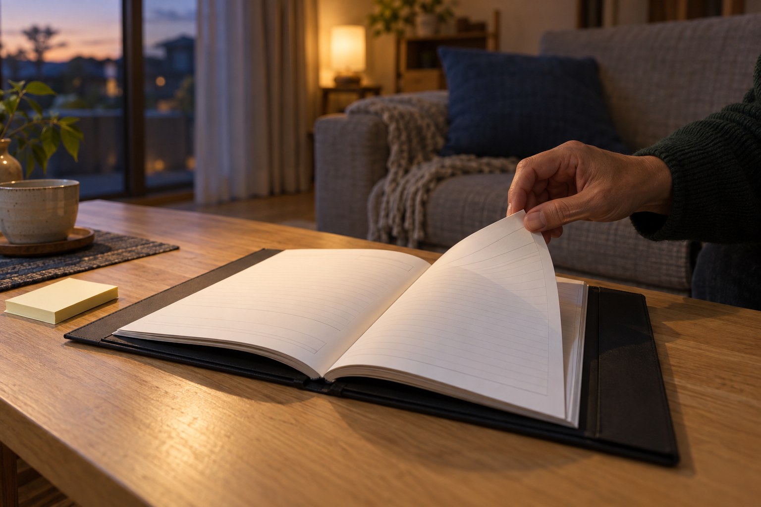 夕方のテーブルで、ファイルに綴じた冊子のページをめくる手