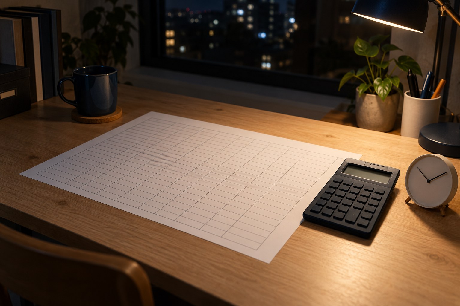 夜の机に広げた罫線だけの勤務表と、電卓、数字の無い卓上時計