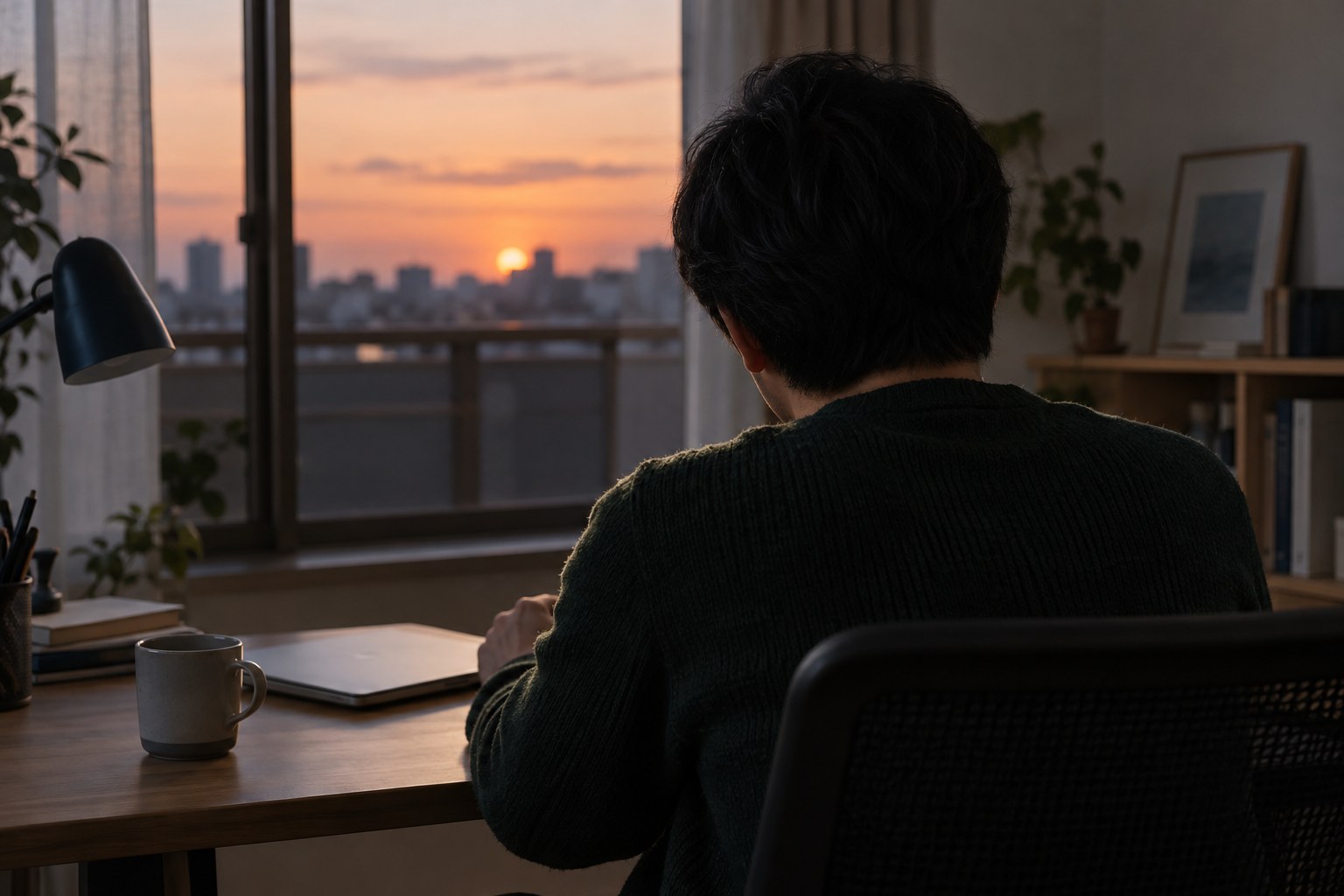 夕方の作業部屋で、閉じかけたノートパソコンの前に座る人の後ろ姿