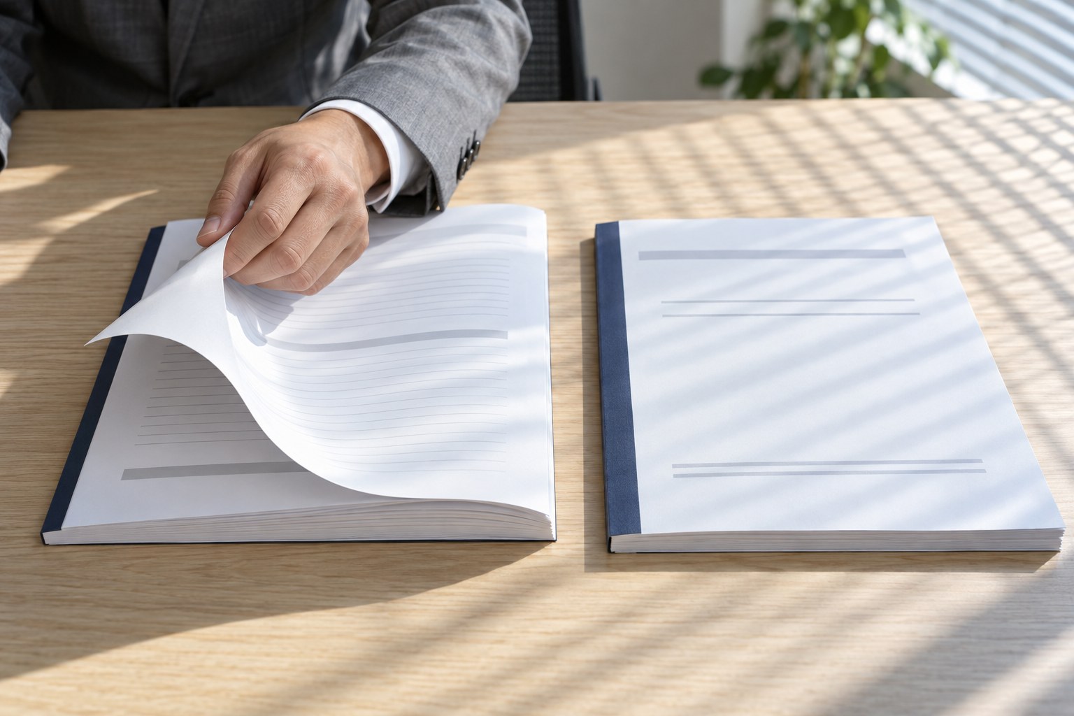 打ち合わせの机で、2部の綴じた書類の片方をめくって見比べる手