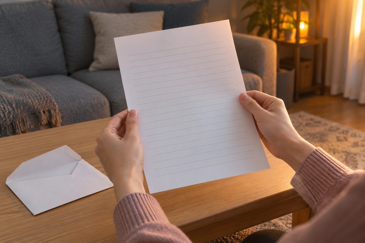 夕方のリビングで、封筒から出した書類を両手で持って読む手