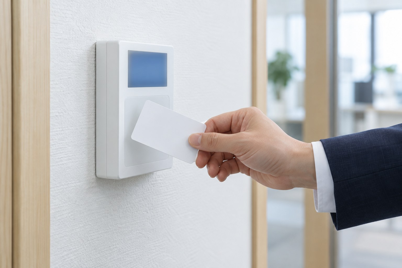 会社の入口の壁で、勤怠の読み取り機器に無地のカードをかざす手