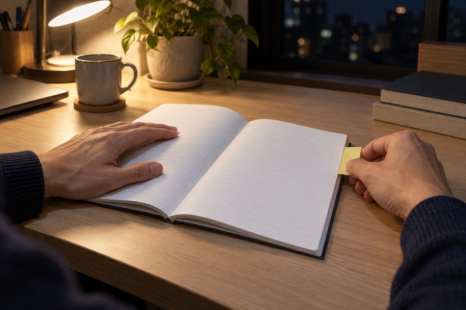 夜の机で、開いた冊子のページの端に黄色い付箋を貼る手