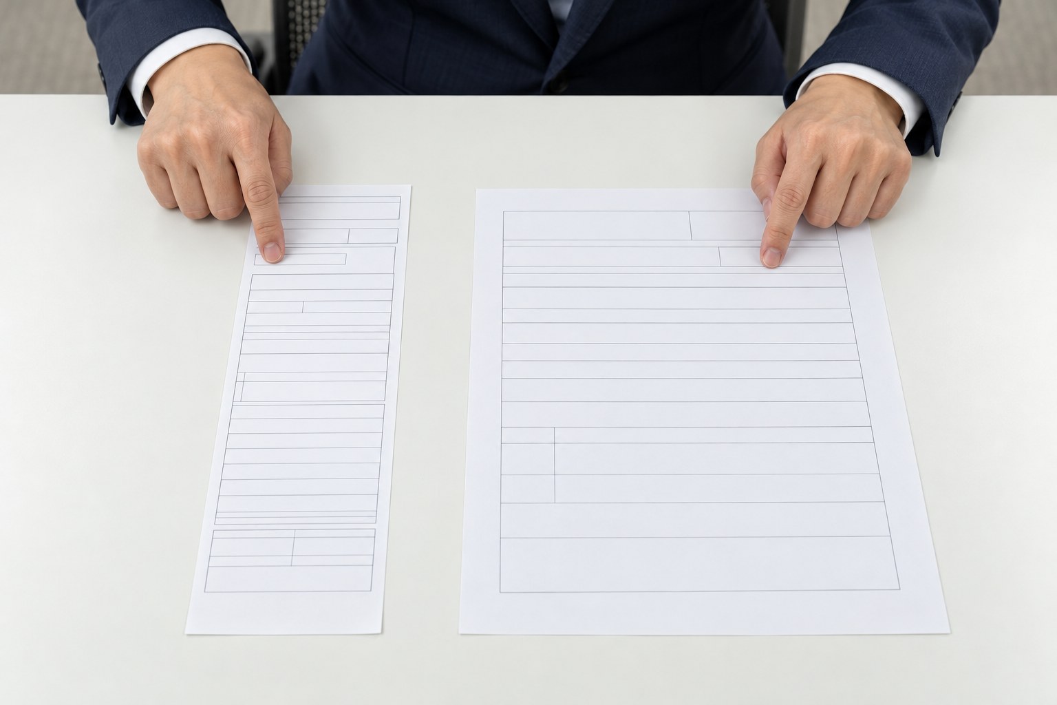 会議室の机で、票の用紙と契約書の用紙の欄を両手の指で見比べる