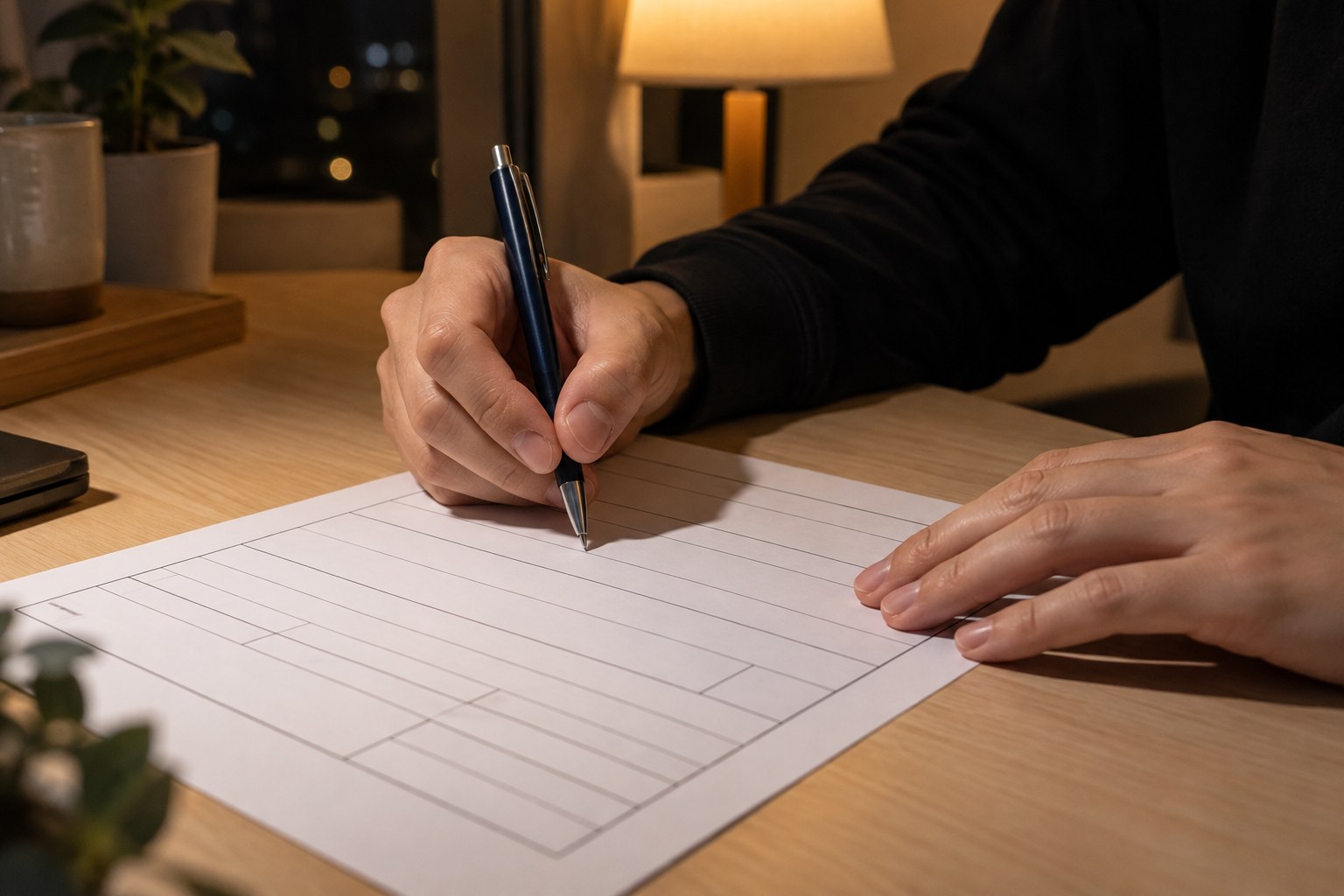 夜の机で、申請書の用紙の欄にペン先を近づける手