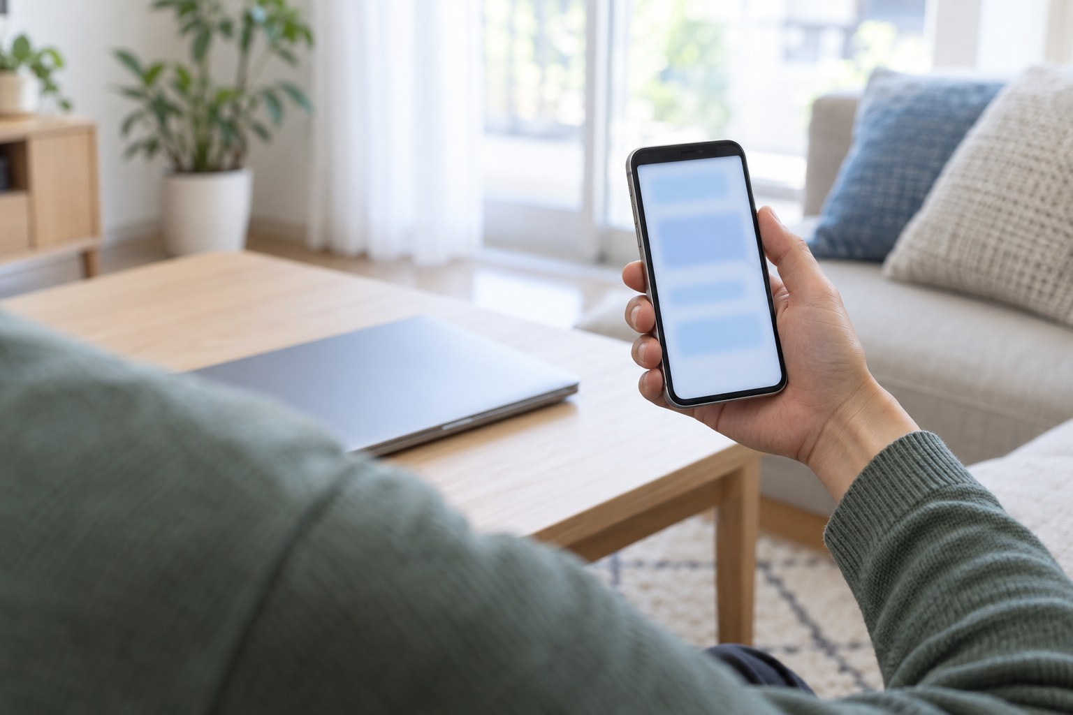 午後のリビングで、淡い青の枠が並ぶ画面のスマートフォンを持つ手