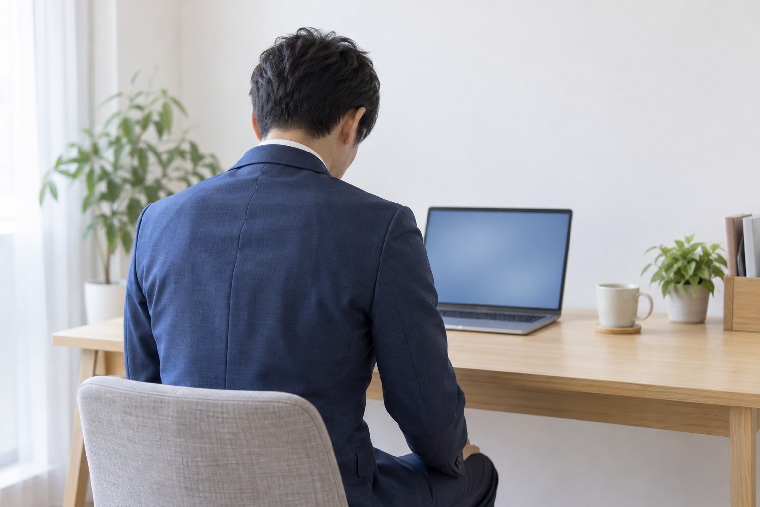 自宅の作業部屋で、ノートパソコンの前で軽く頭を下げる人の後ろ姿