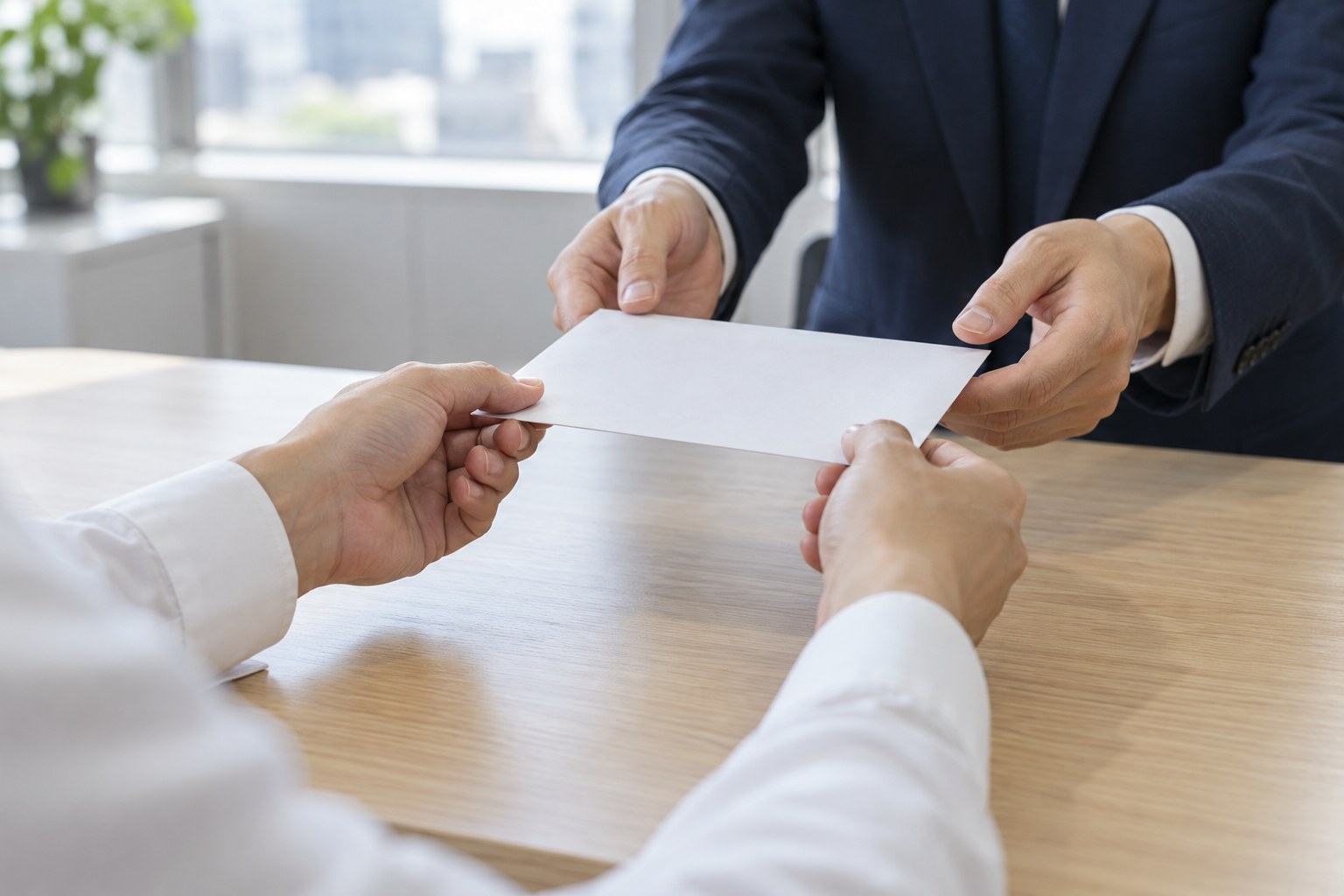執務室の机で、白い封筒を両手で差し出す手と受け取ろうとする手