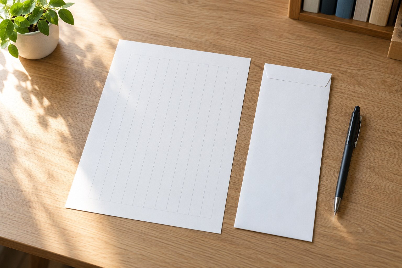 机に置いた白紙の縦書きの便箋と白い封筒、黒いボールペン