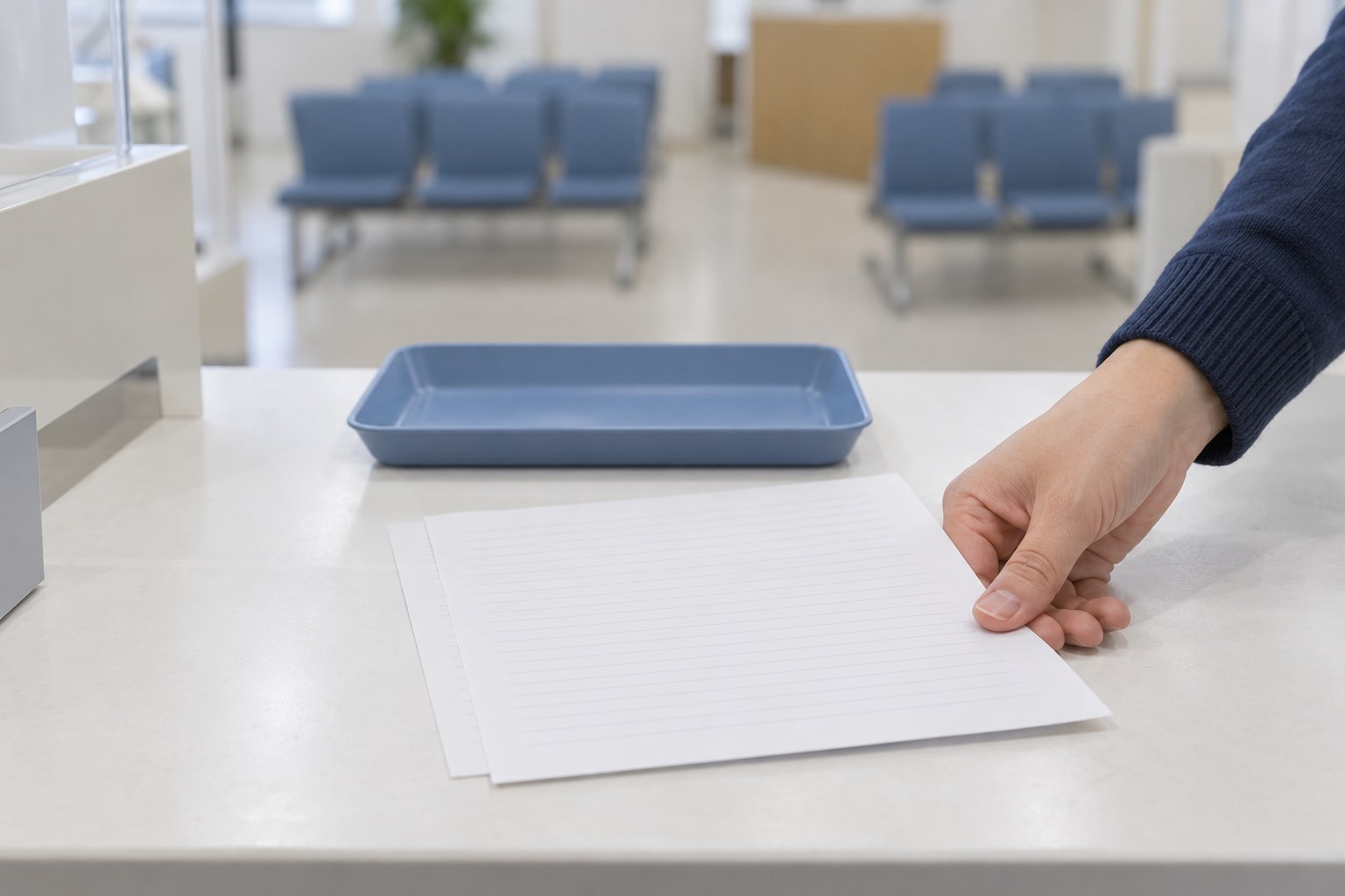 窓口のカウンターに、罫線だけの書類をそろえて置く手