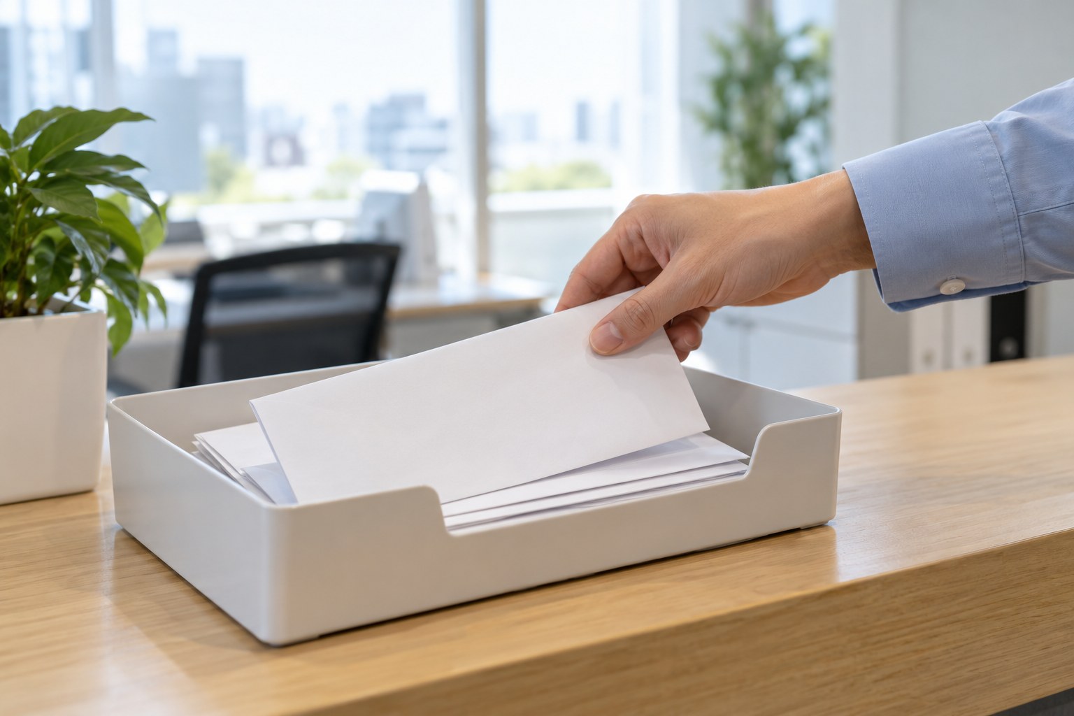人事のカウンターのトレーに、白い角形封筒を置く手