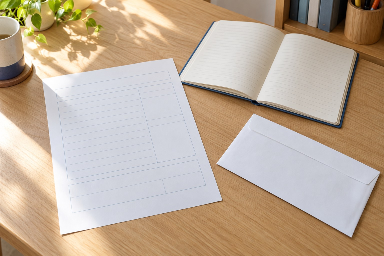 机に並べた申告書の用紙と開いた手帳、応募書類の白い封筒