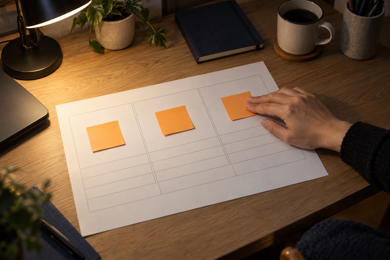 夜の机で、書面の3か所にオレンジの付箋を貼り、3枚目を押さえる手