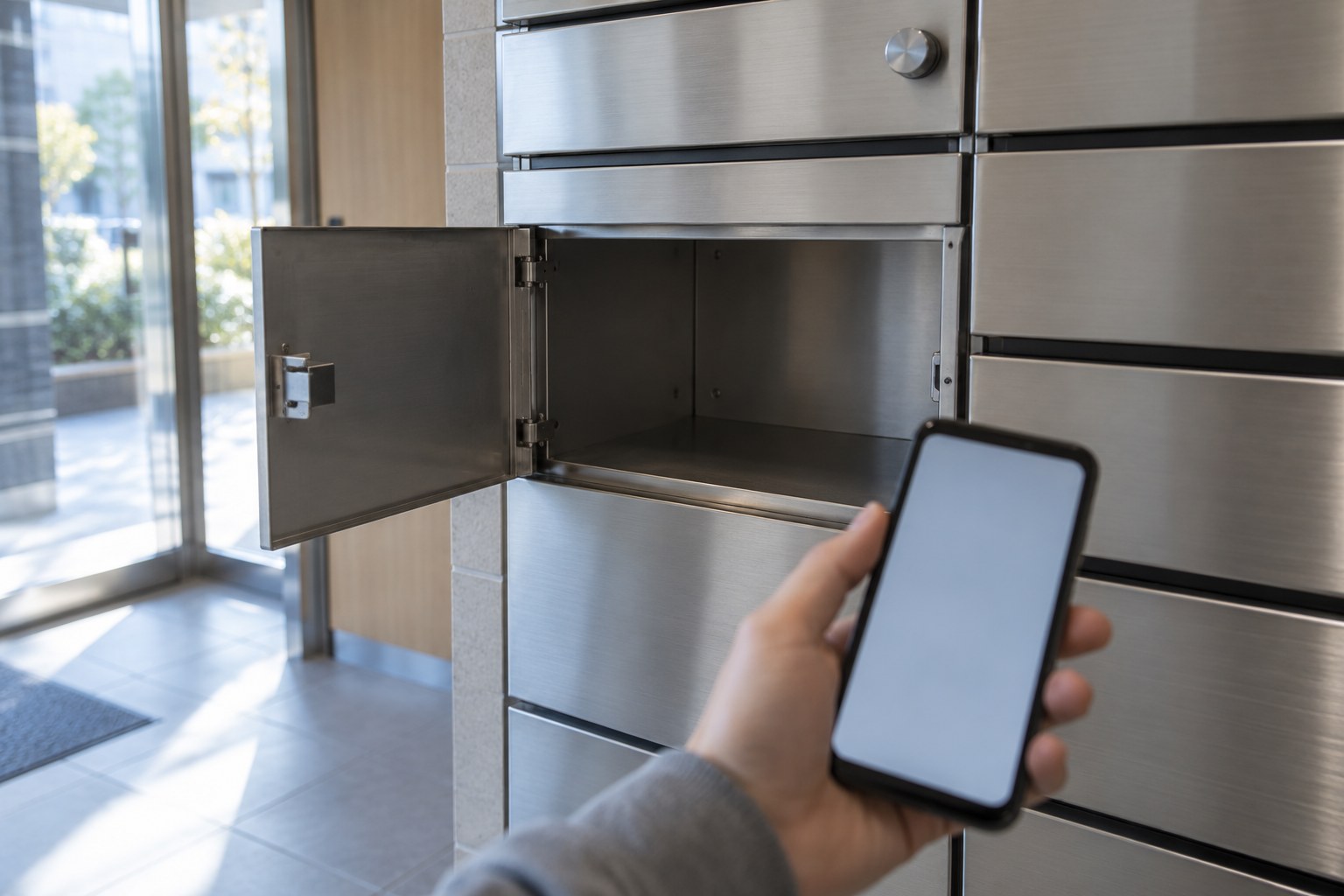 マンションの空の郵便受けの前で、スマートフォンを持つ手