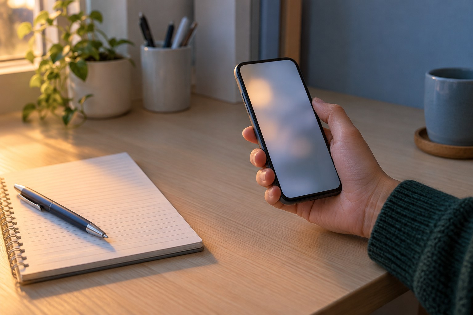 夕方の机で、メモ帳の横のスマートフォンを手に取る手