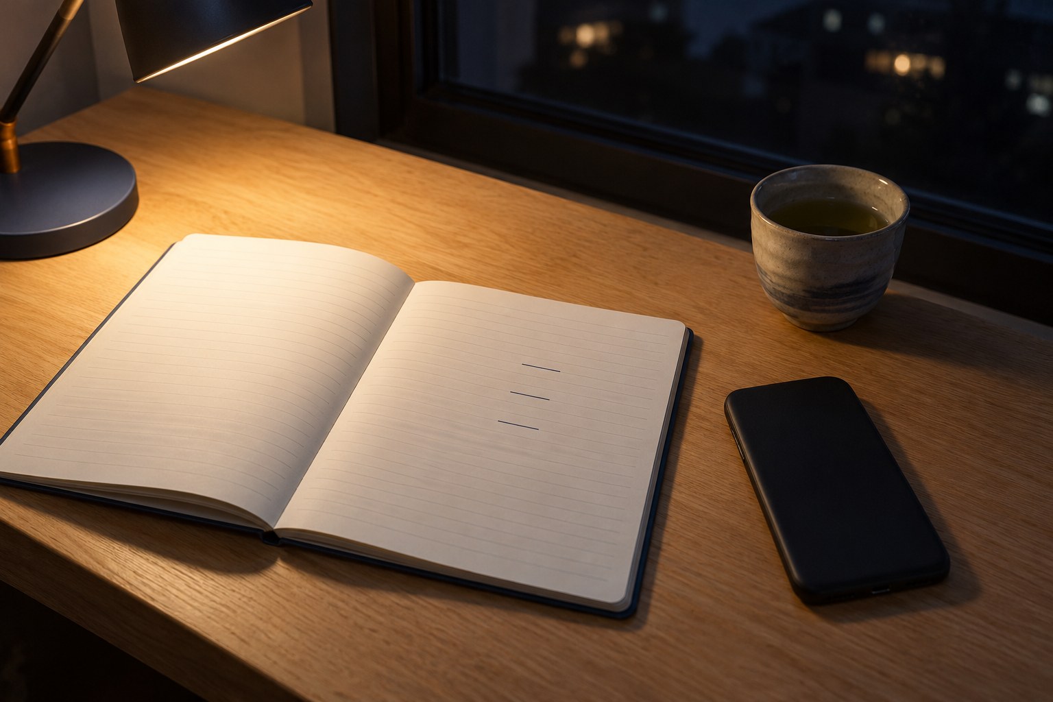夜の机で、手帳に引いた短い線3本と伏せたスマートフォン、湯のみ