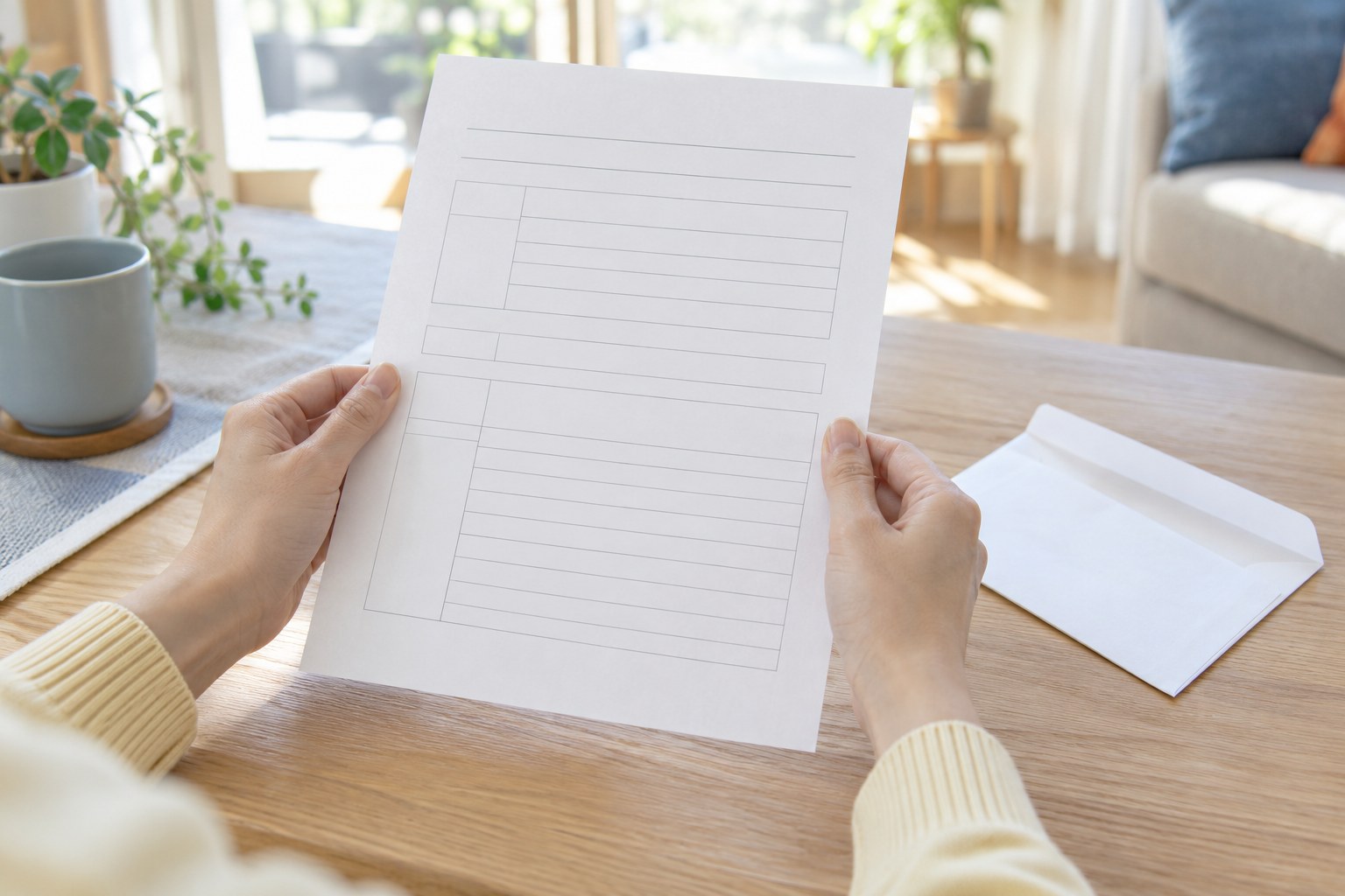 午後のリビングで、封筒から出した労働条件の書面を両手で持つ