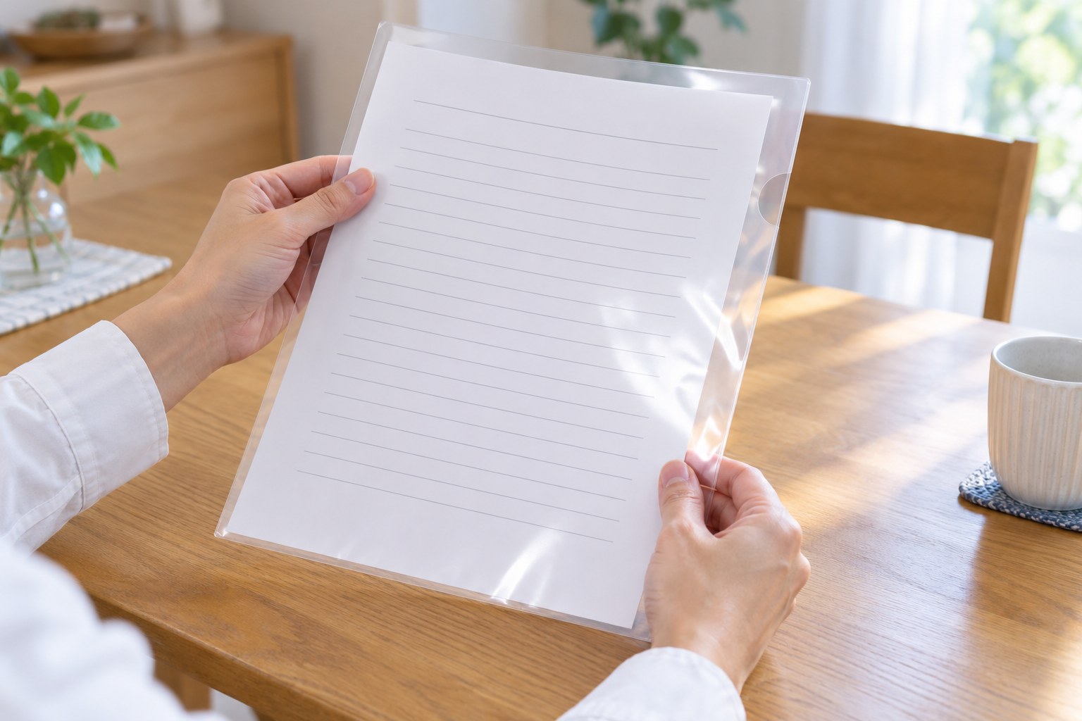午前のテーブルで、書面の入ったクリアファイルを持ち上げて確かめる手