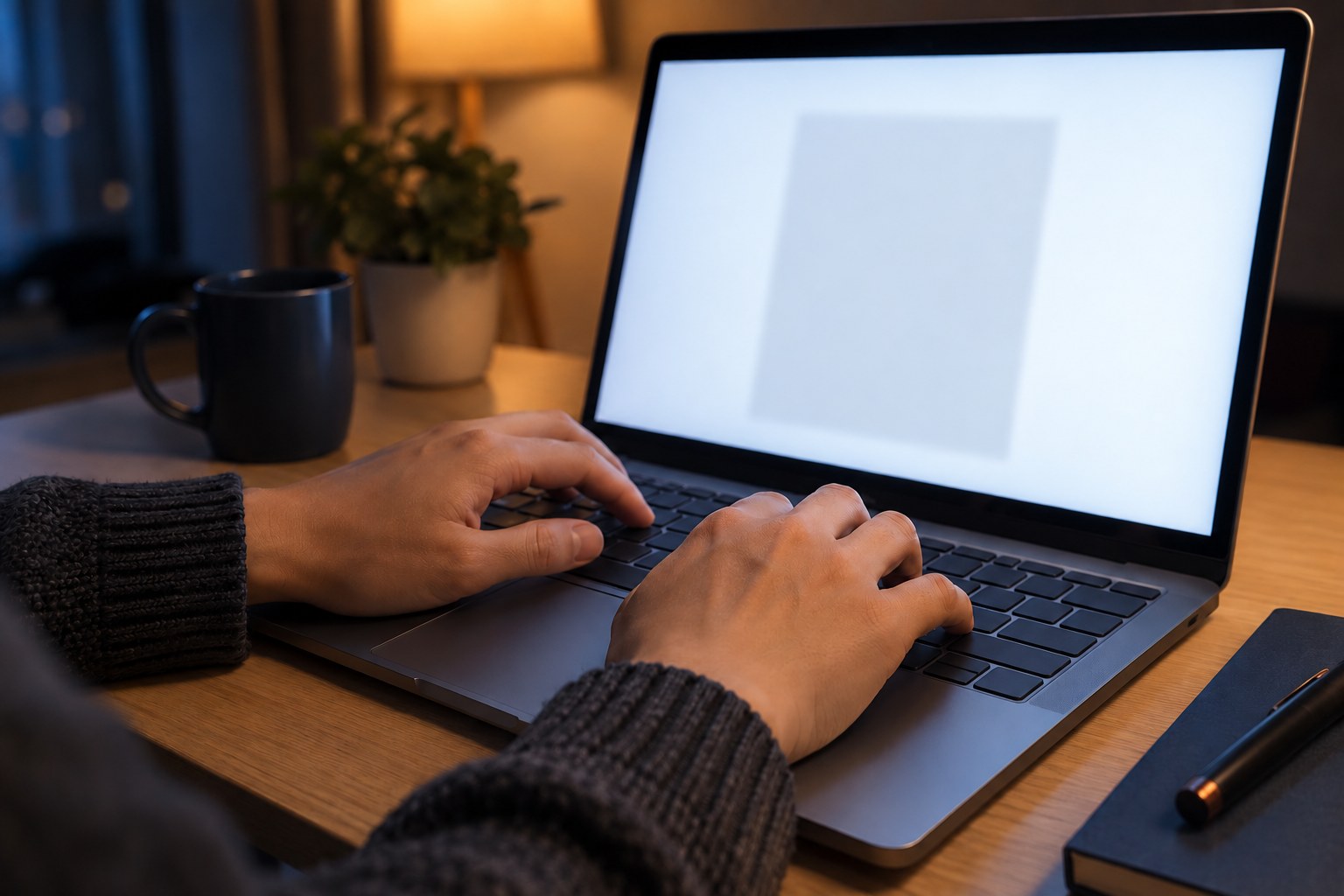 夜の机で、ノートパソコンのキーボードを打つ両手と書類の形の画面