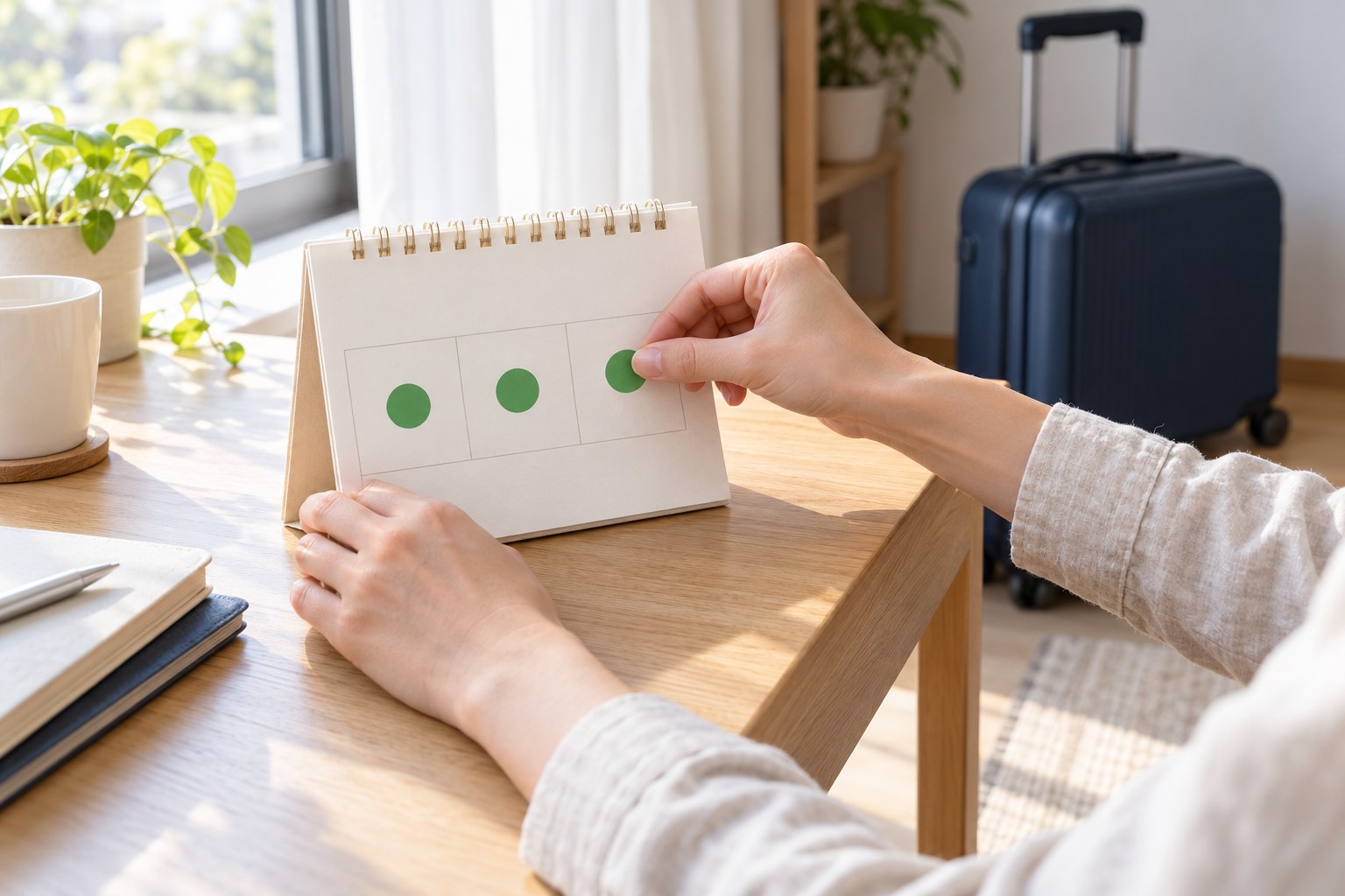 数字の無い卓上カレンダーにシールを貼る手と、床に置いた旅行かばん