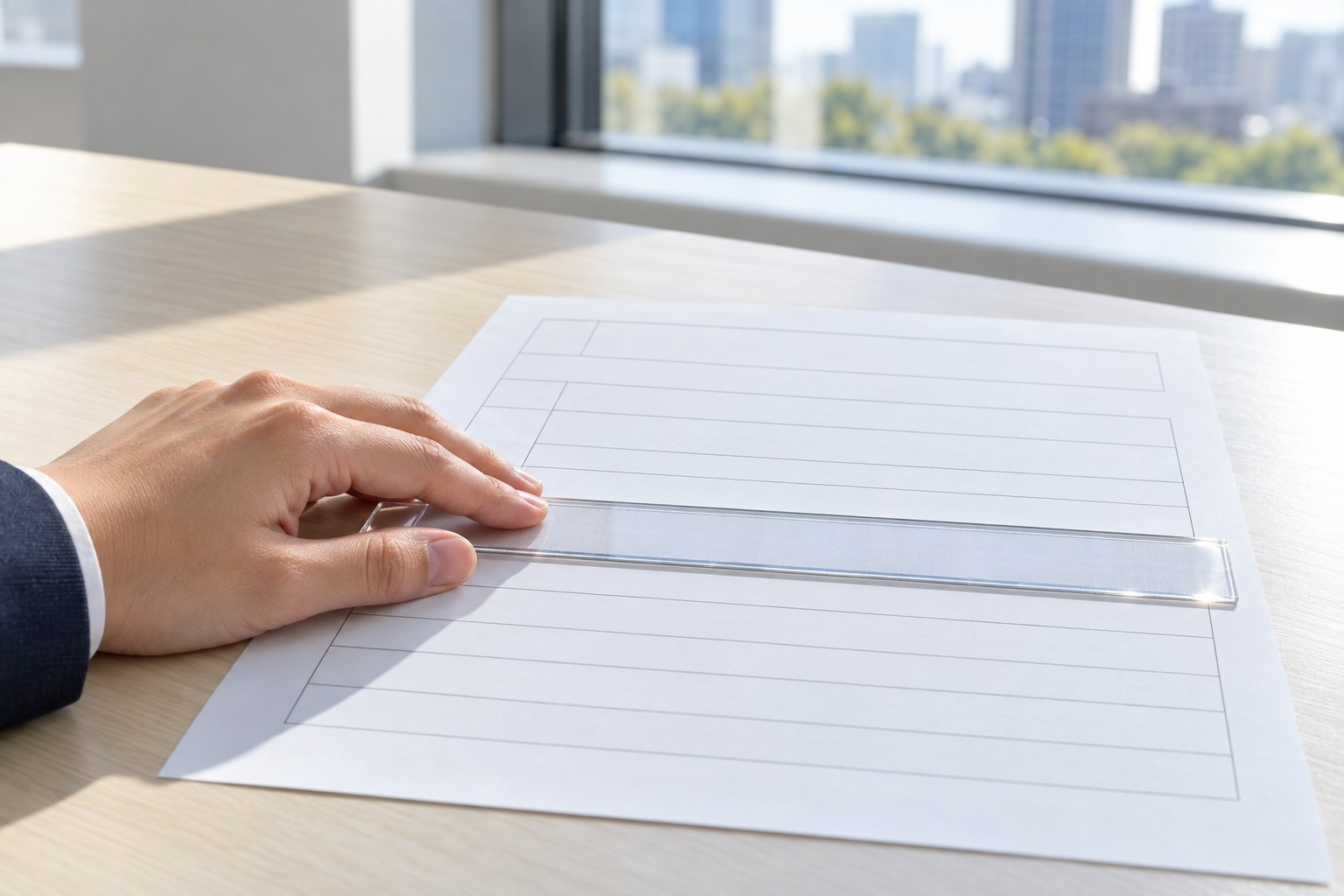 会議室の机で、書面の1つの欄に透明な定規を当てて読む手