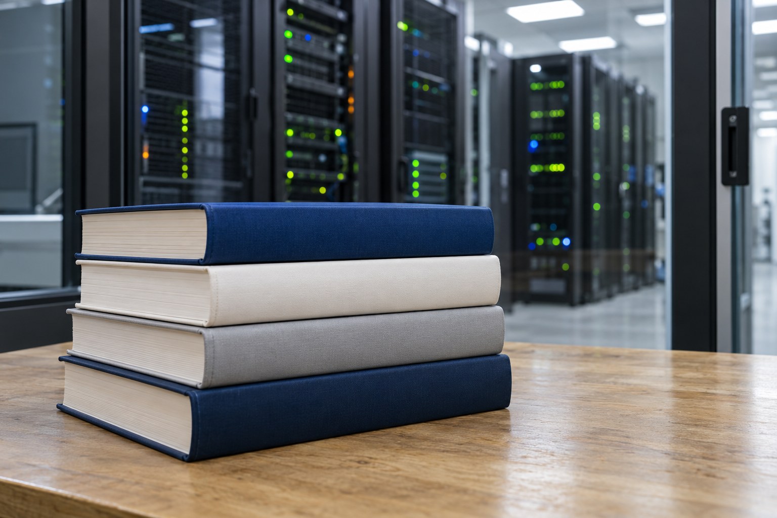 作業台に積んだ無地の参考書4冊と、奥のガラス越しのサーバーラック