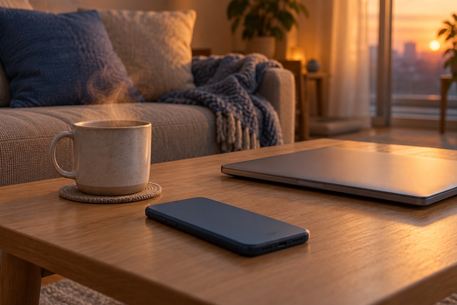 週末の夕方のテーブルの伏せたスマートフォンと閉じたノートパソコン、マグカップ