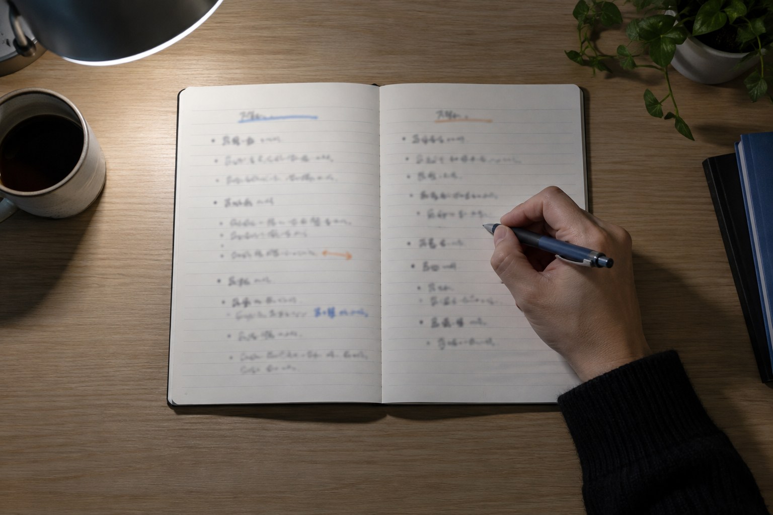夜の机で、ノートを左右2列に分けて書き込む手
