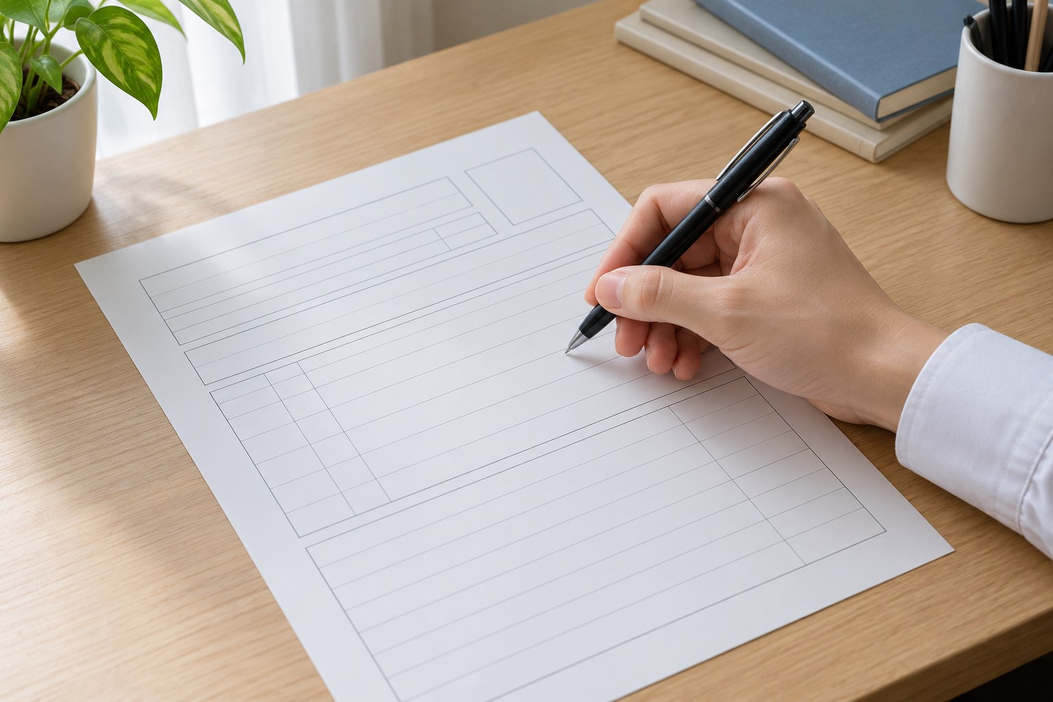 午前の机で、罫線と枠だけの履歴書の用紙に書き込もうとする手