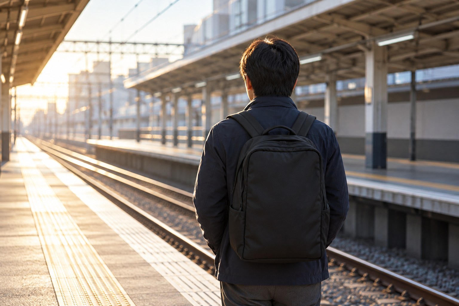 朝の駅のホームで、リュックを背負って電車を待つ人の後ろ姿