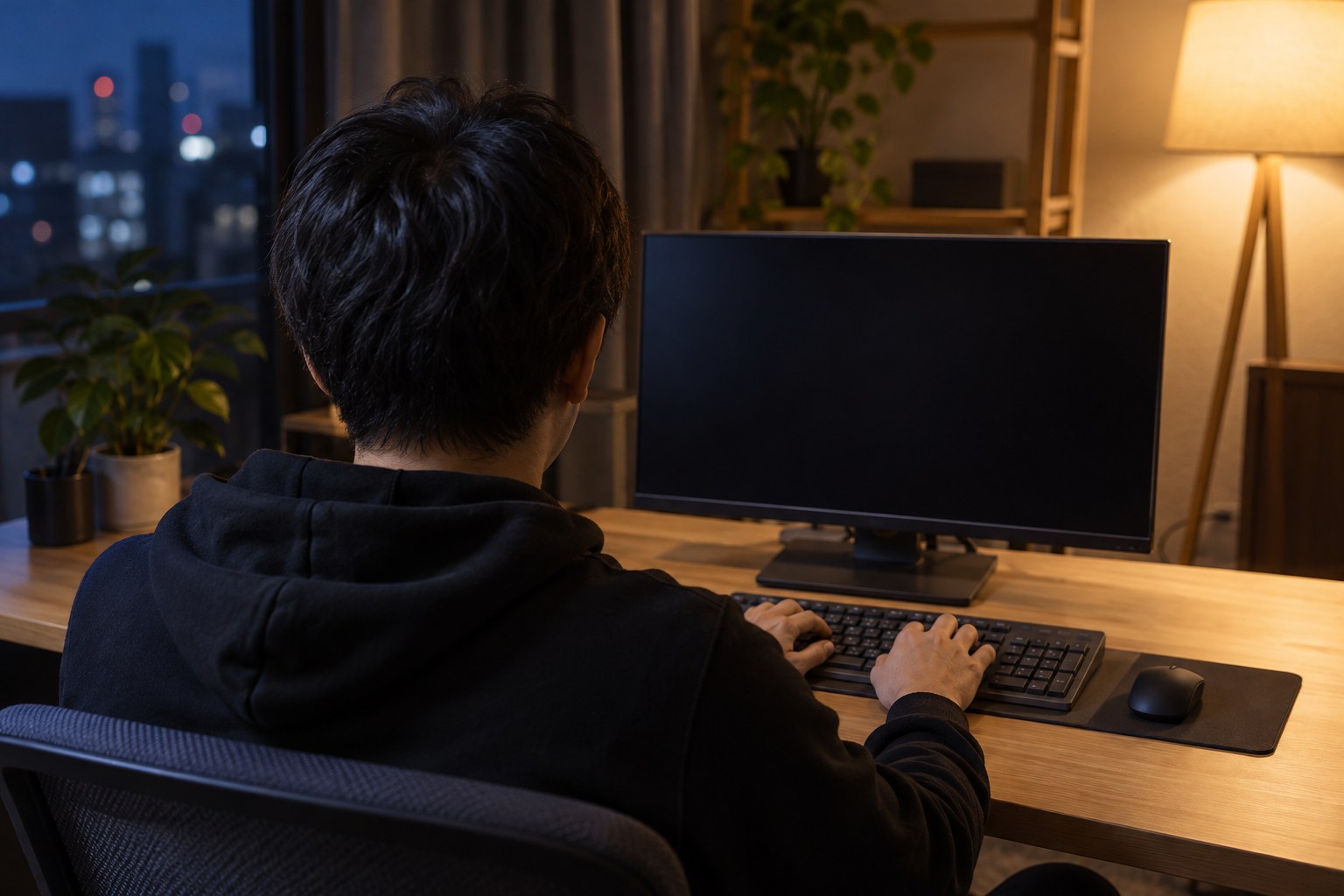 夜の自宅で、外付けモニターとキーボードに向かう人の肩越しの後ろ姿
