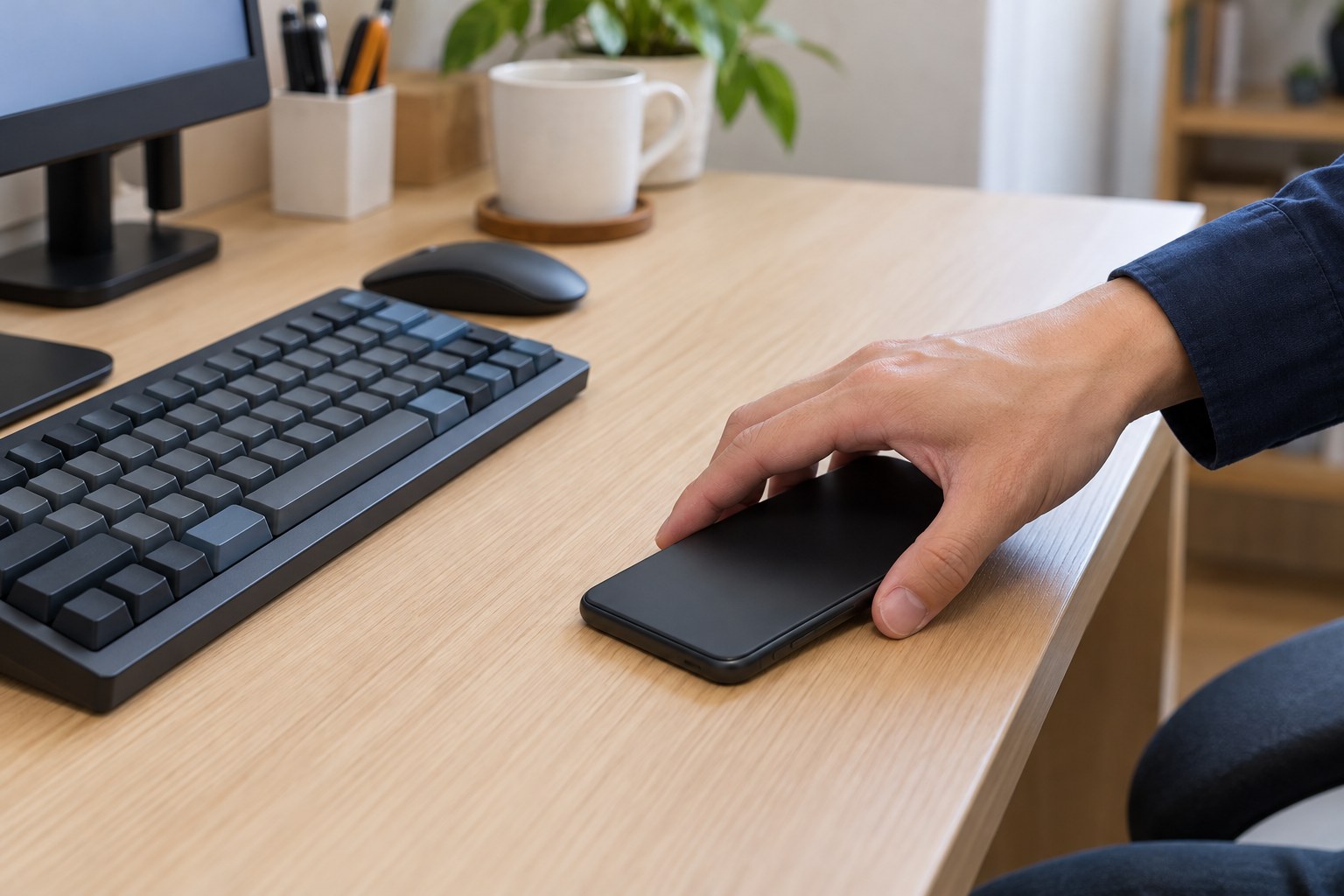 昼の机で、スマートフォンを裏返して端に置く手とキーボード