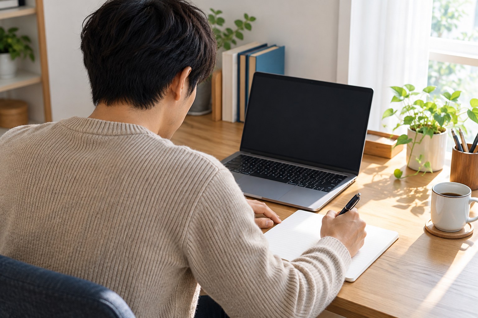 朝の自宅の机で、ノートパソコンの横で用紙に書き込む人の斜め後ろ姿