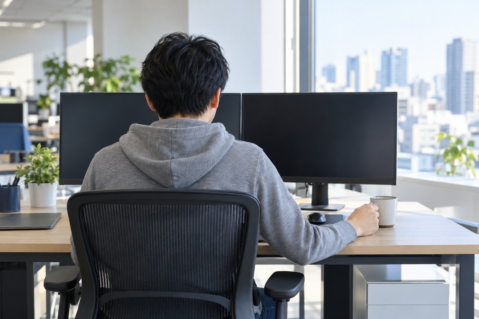 朝のオフィスで、暗い2台のモニターの前でマグカップを手に取る人の後ろ姿