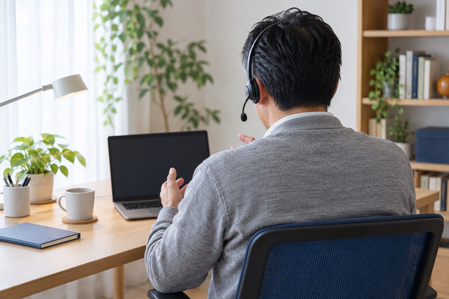 朝の自宅で、ヘッドセットを着けてノートパソコンに向かって話す人の後ろ姿
