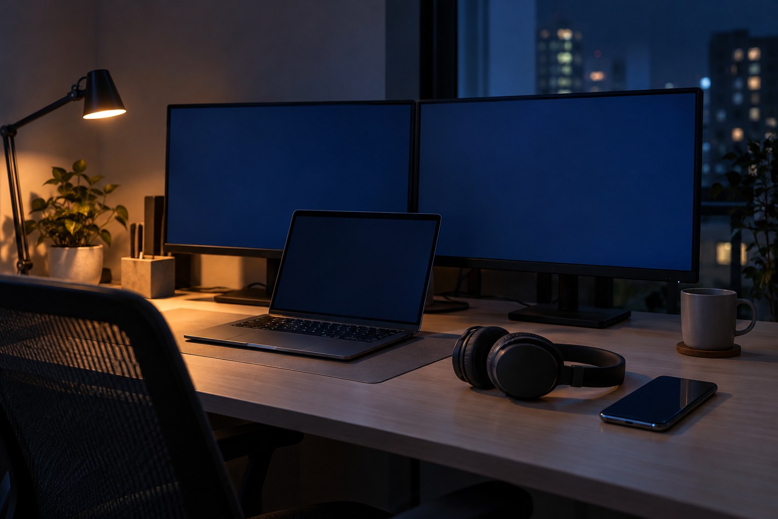 夜の暗い部屋で、青い無地のモニター2台とノートパソコンの前に置いたヘッドセットとスマートフォン