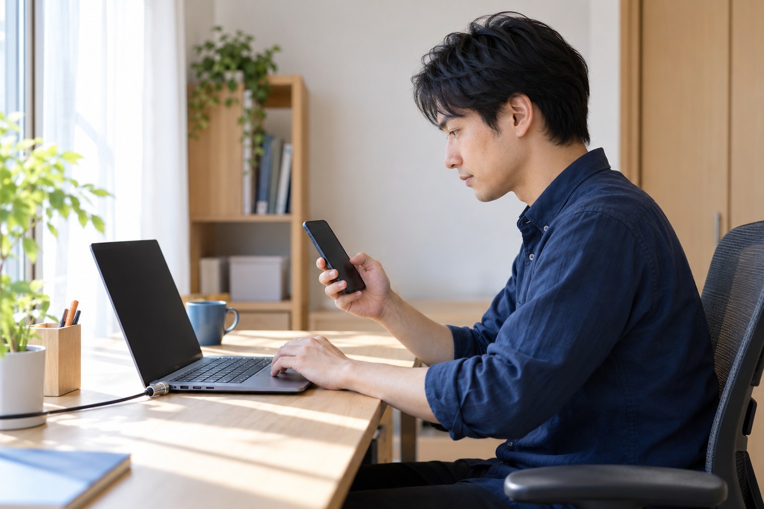 午前の自宅で、貸与のノートパソコンに向かいスマートフォンで認証するエンジニアの横顔