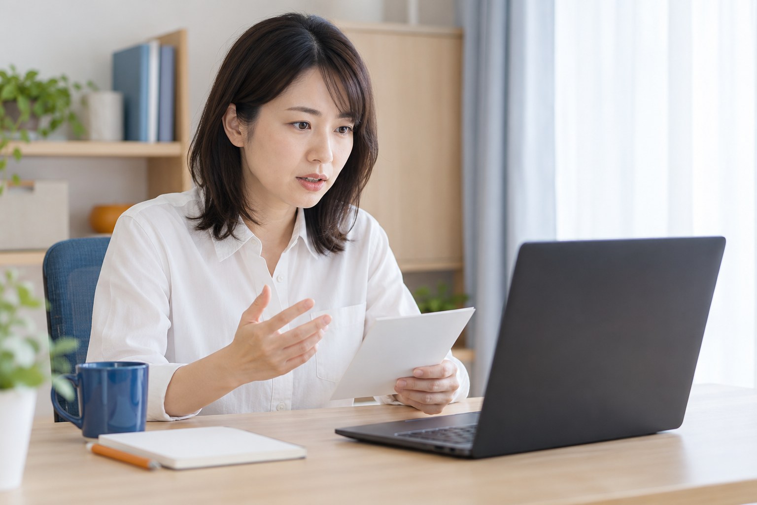 昼の自宅で、オンライン面接で貸与端末と出社について質問するエンジニア