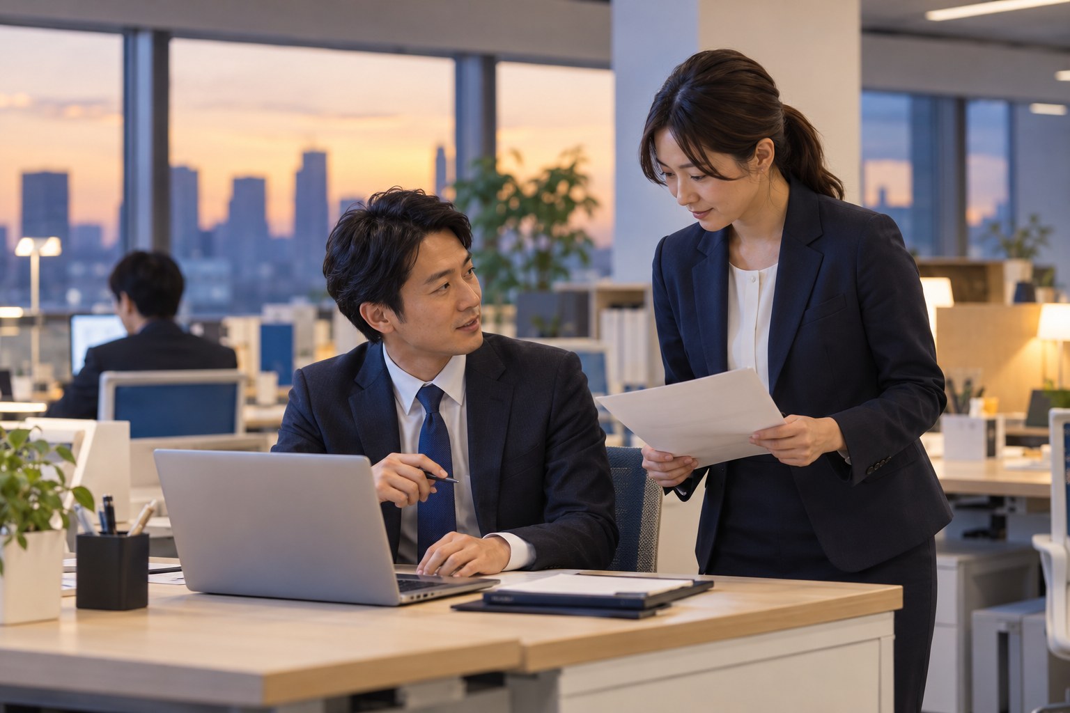 夕方の金融機関のオフィスで、席で作業する社員と相談に来た社員