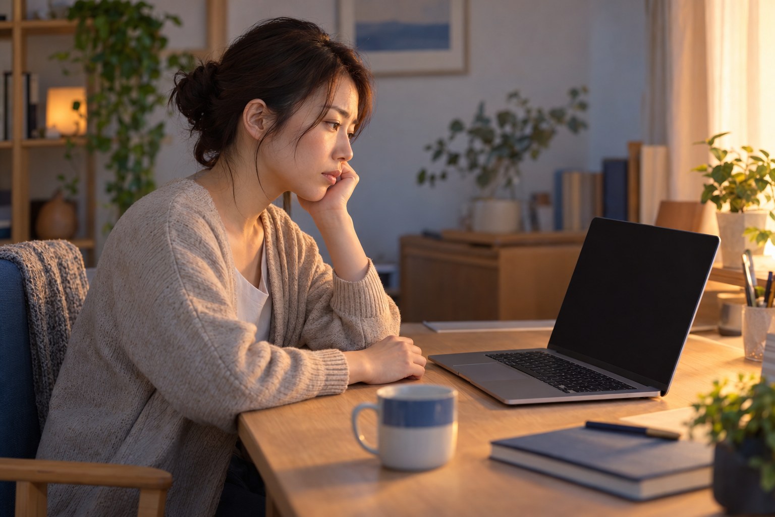 夕方の自宅で、1人でノートパソコンに向かい手を止めるフルリモートの会社員の横顔